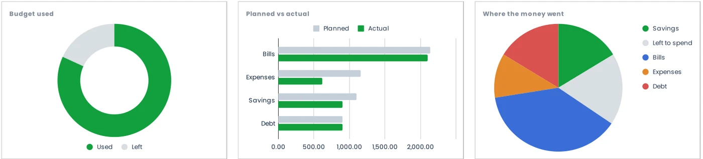 Charts showing budget used, planned vs actual, and where the money went